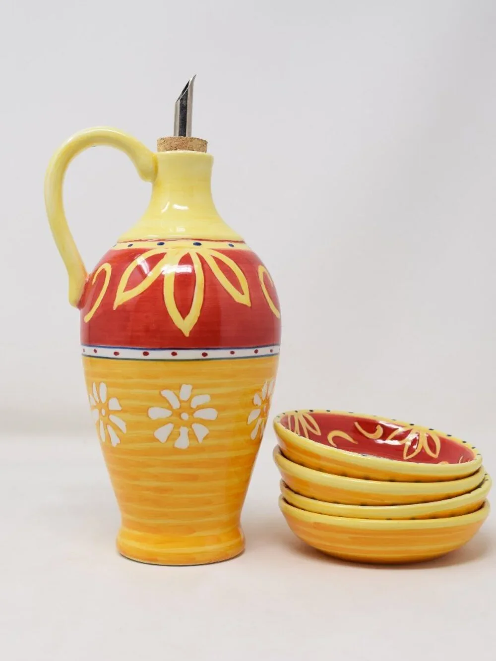 Pier 1 Corona Bread Dipping Set Cruet Oil Bottle Decanter Dishes Colorful Table